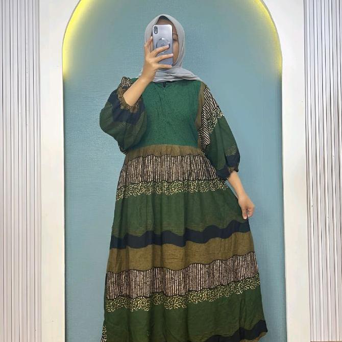 DR156 - Dress Batik Modern Kekinian Lengan Full Balon Gaun Wanita Remaja Dewasa Gamis Muslim LD 110 
