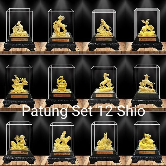 Patung Emas Box Kaca Komplit Gift Set 12 Shio Kado Imlek Pajangan Shio
