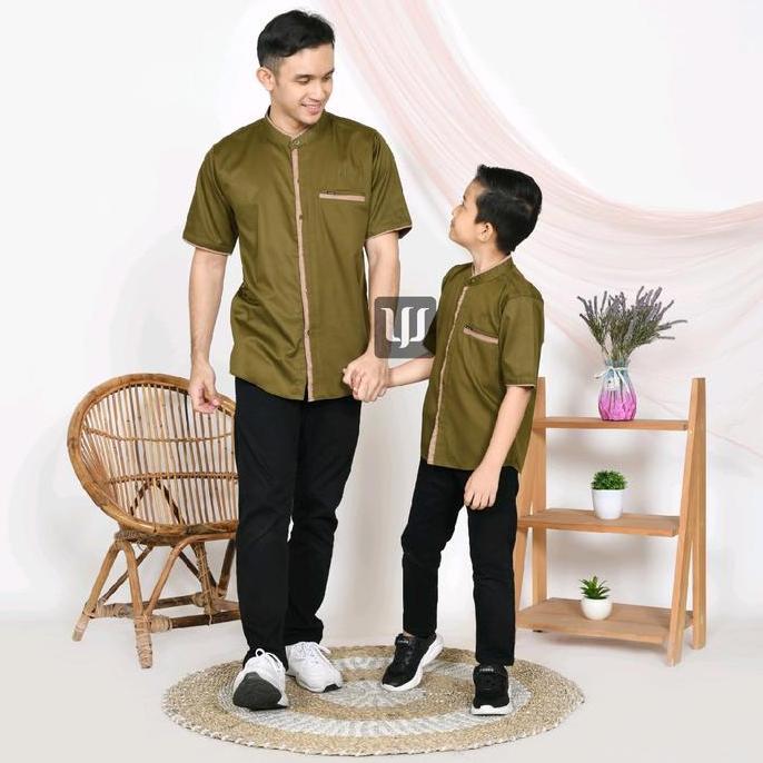 Kidsrelig- Alwaasi' Koko Hijau Army Couple Dewasa Ayah Dan Anak Laki Laki Lengan Panjang Pendek (Sat