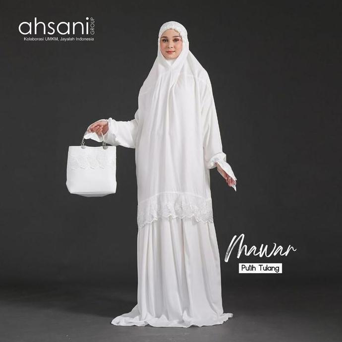 Promo Mukena Terusan Dewasa Ahsani Mawar A20 Rayon Twill Premium Jumbo Putih Diskon