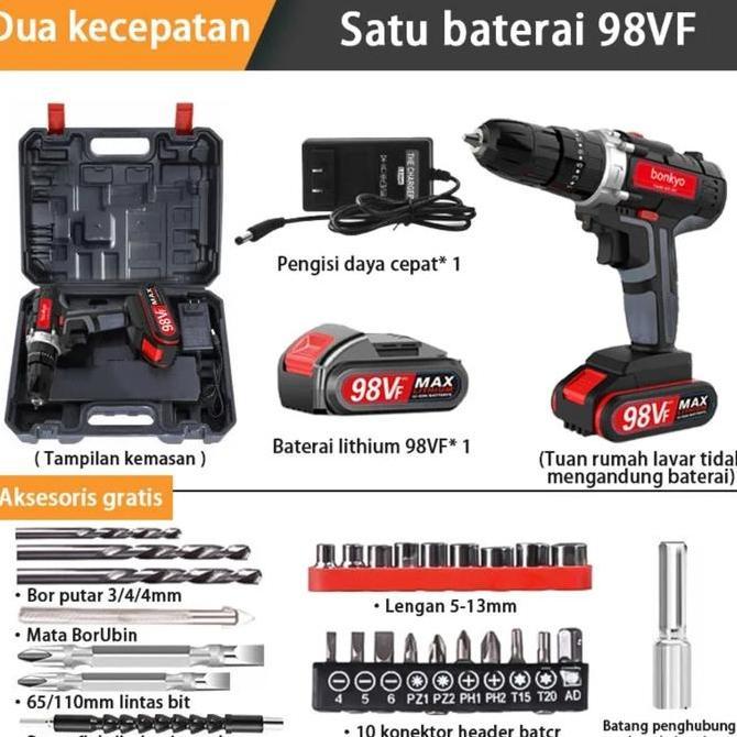 Promo bonkyo 198vf Bor Mesin Elektrik Drill 10mm Set Reversible Mesin Bor Diskon