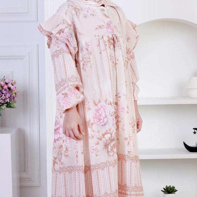 Dungdungkids Gamis Anak Vanesha Ceruty Motif Bunga Plisket Free Jilbab Segi Empat 5 - 11 Tahun