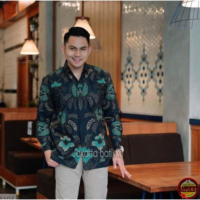 Kemeja batik katun premium murah biru dongker tosca batik pria mewah