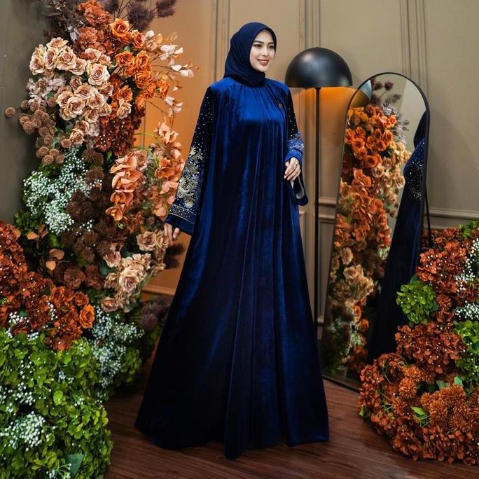 DISKON DUMMA.ID - PAKAIAN WANITA DENORA LUXURY DRESS LADY VELVER BLUDRU AKSEN SUAROSKI GAMIS CANTIK