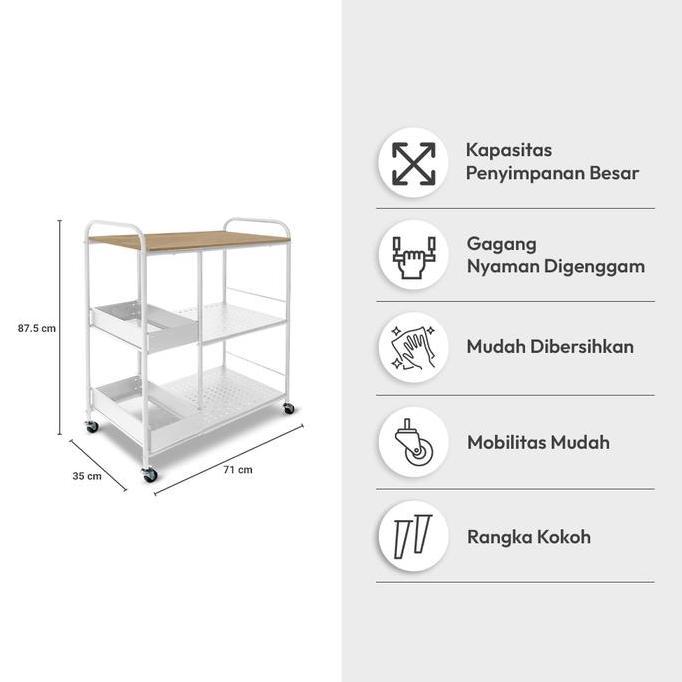 Informa Neves Troli Dapur - Putih Oak Rak Dorong Rak Serbaguna Roda Troli Makanan Rak Penyimpanan