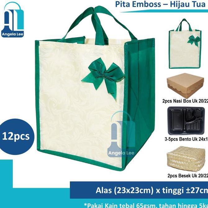 Blocke- 12Pcs Tas Kain Spunbond Pita Emboss Polos Muat 2 Box Nasi Kotak Besek 20/22Cm Hajatan Syukur