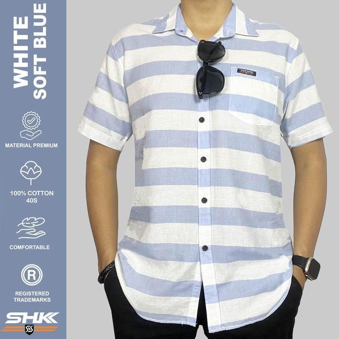 DISKON SHK KEMEJA STRIPE SERIES COWOK CEWEK KATUN TWILL BAJU LENGAN PENDEK MOTIF SALUR GARIS ATASAN 