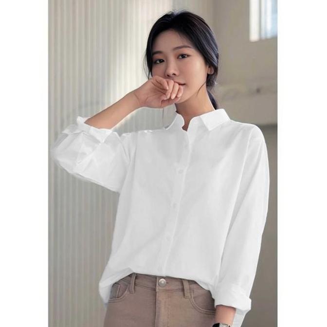 Cntikk- Kemeja Panjang Wanita Putih Polos Formal Casual Terbaru Kantor Hem