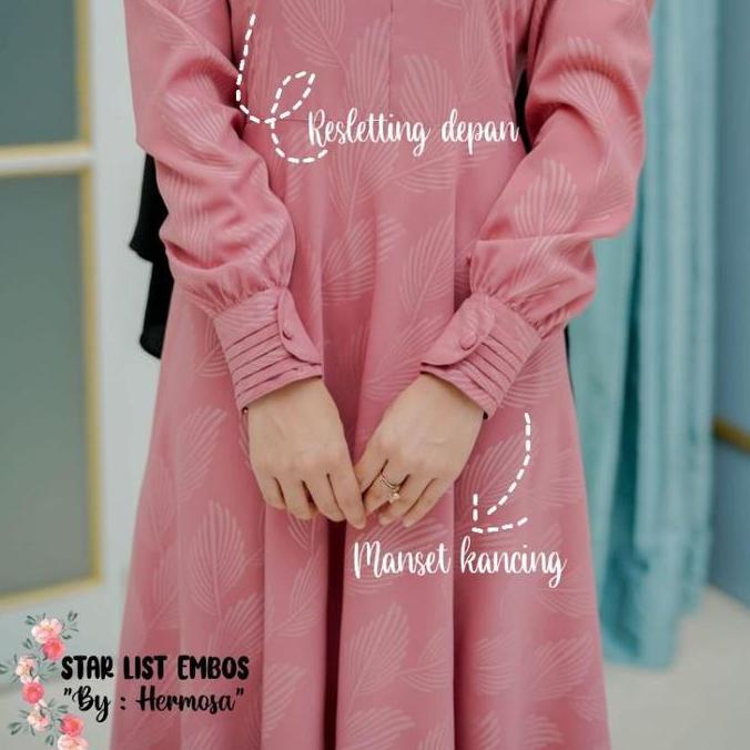Promo [Gamis Hermosa] Gamis Embos Hermosa Motif Daun Warna Pink-Gamis Dusty Pink- Kerah Muslim Dress