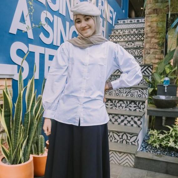 Kemeja Putih Wanita Katun Toyobo Lengan Balon, Atasan Wanita Polos