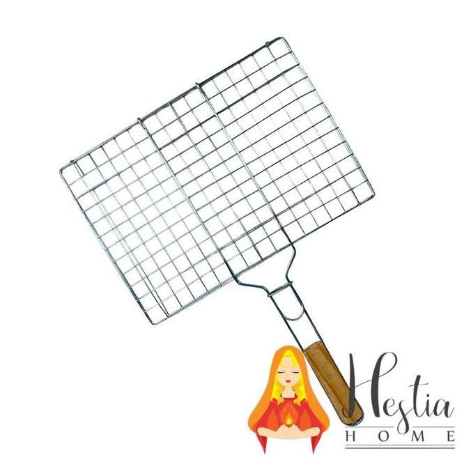 Panggangan Ikan Gagang Kayu Alat Panggang Jepit Stainless Multiguna