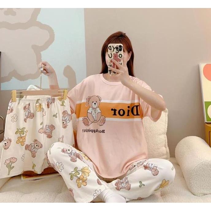 BAJU TIDUR SETELAN 3 IN 1 WANITA PIYAMA IMPORT BAHAN KAOS SPANDEKS