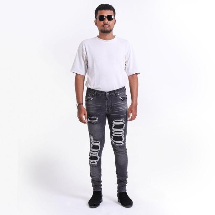 WeirdJeans Disaster Grey Jeans Pria Skiny Pensil Slimfit Tambal