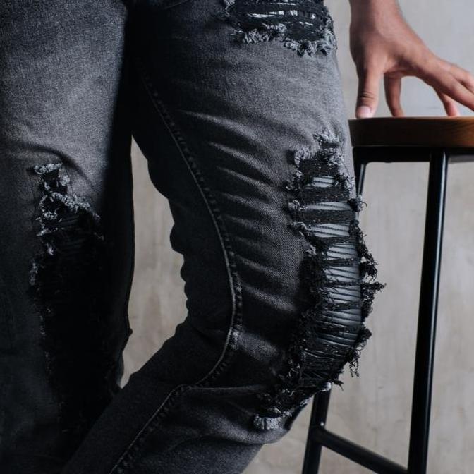 North Denim Celana Jeans Denim Panjang Pria Strech Ripped Patch Cotton - Titan Black