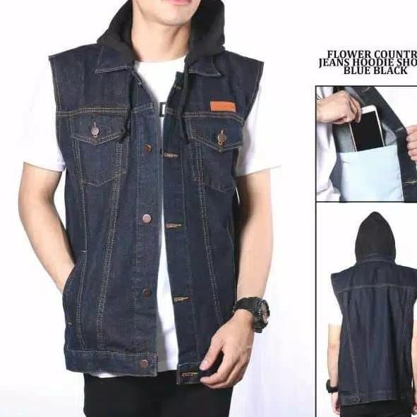 Jaket Rompi Jeans Hoodie Lekbong - Jeans Hoodie Short