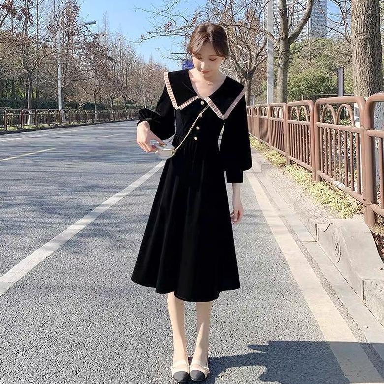 D21 Dress korean velvet bludru lengan panjang kerah collar / midi dress / vintage dress A line dress