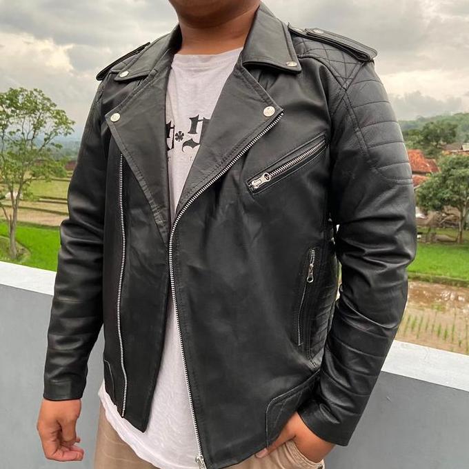 Jaket Kulit DOMBA ASLI motor Ramones racing Bandung Tebal bikers touring Pria Cowok Hitam Keren Casu