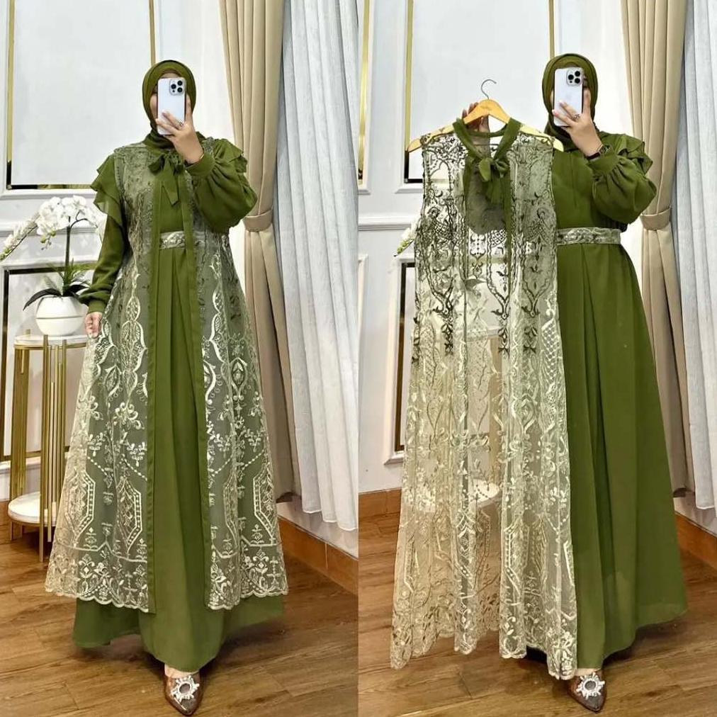 DRESS BRUKAT NASHITA DRESS GAMIS PESTA MEWAH CERUTY MIX BRUKAT DRESS GAMIS PESTA WARNA GREEN SAGE