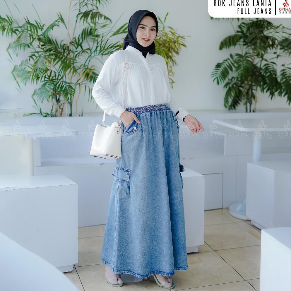 ROK JEANS CARGO LANIA - SYEHAL COLLECTION // ROK CARGO JEANS // Rok Wanita Panjang Jeans polos denim