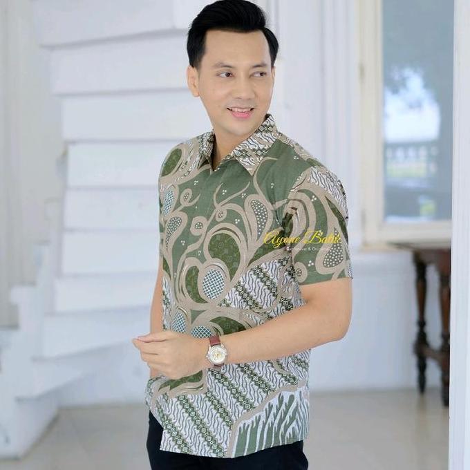 FREE ONGKIR HEM BATIK PRIA SLIM FIT MAHAMERU SAGE BATIK PRIA LENGAN PENDEK WARNA HIJAU SAGE KEMEJA B