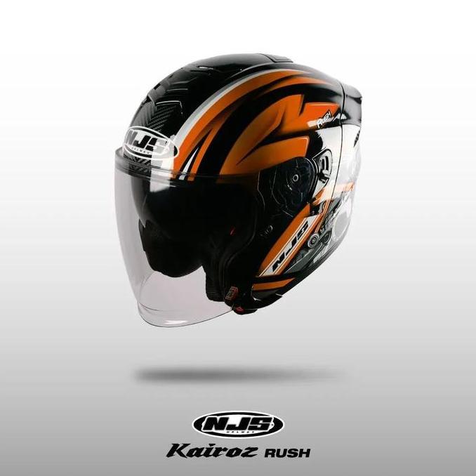* NJS KAIROZ DV RUSH HITAM - ORANGE FLUO GLOSS/DOFF - HELM HALF FACE (DOUBLE VISOR) | NJS DV | KAIRO