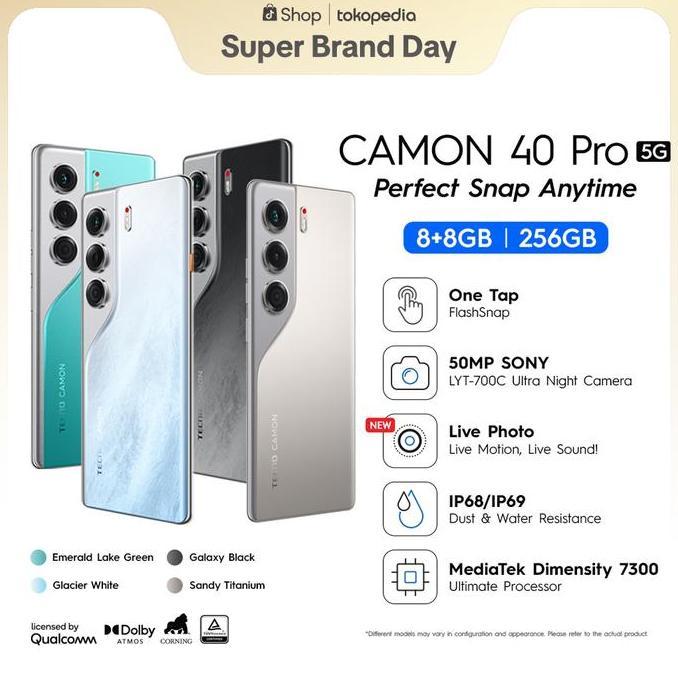 [FLASHSNAP PRO] TECNO CAMON 40 Pro 5G - 8+8GB*/256GB, Mediatek D7300 Ultimate, 6.78 FHD+144HZ 3D Cur