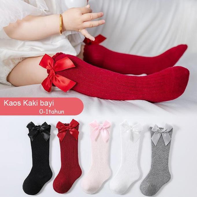 KAOS KAKI BAYI PEREMPUAN PANJANG SELUTUT DENGAN AKSEN PITA/Kaus Kaki Bayi/Kaus Kaki Anak Perempuan/C