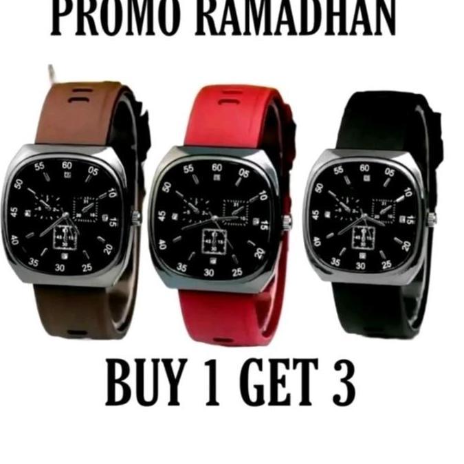 PROMO 3pcs(Hitam Coklat Merah) jam tangan wanita/pria unisex tali silikon rubber free baterai cadang