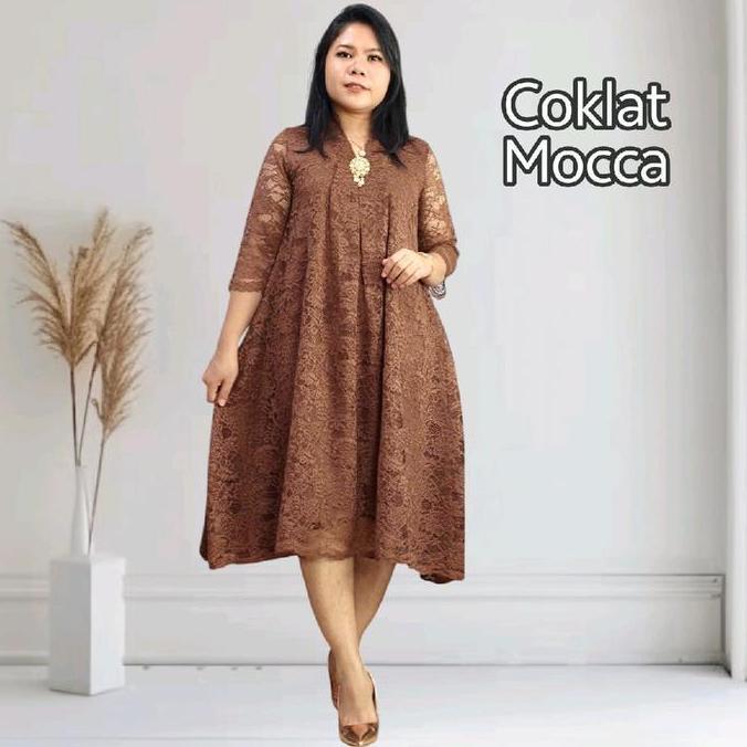 Ryuca - Dress Pesta Brukat Silvana Wanita Gaun  Brokat V-Neck A-Line