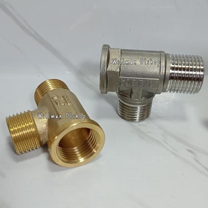 Ledeng- Nepel Tee 1/2 Inch Kuningan Drat Luar Dalam