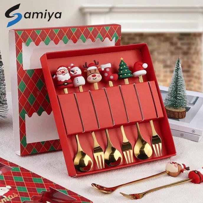 Terpopuler- Hampers Natal Sendok Garpu Teh Christmas Gift Box Coffee Tea Spoon Set