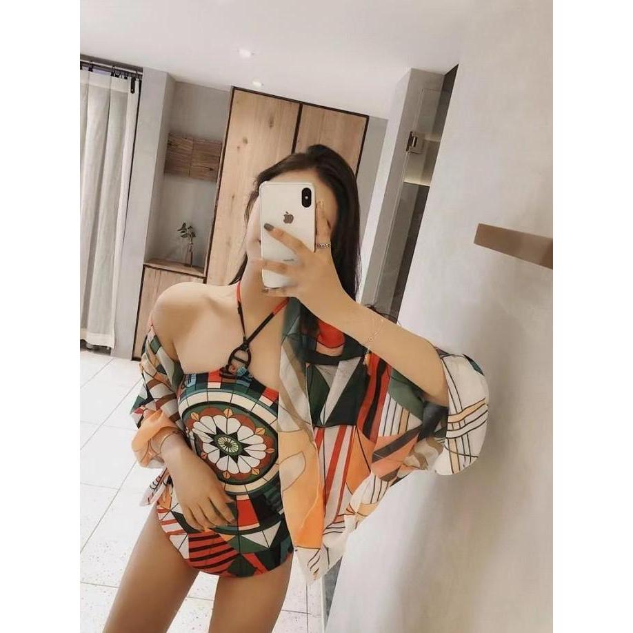 aztec set swimsuit one piece + kain outer / baju renang wanita premium