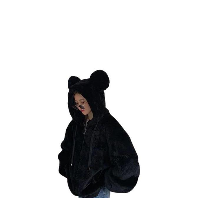 Saless Sweater Hoodie Zipper Cute Sherpa Bulu Domba Wanita Tebal Tali Bulu  Nyaman