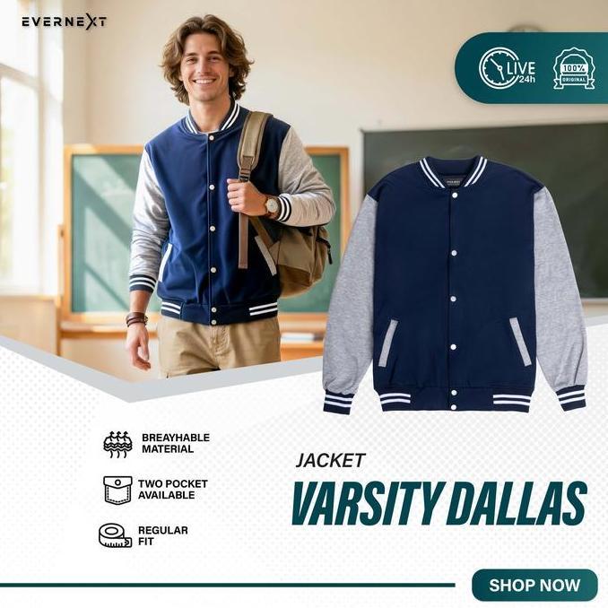 EVERNEXT - Jaket Varsity Pria Dallas Jaket Cowok Baseball Jaket Fleece Jaket Casual Pria