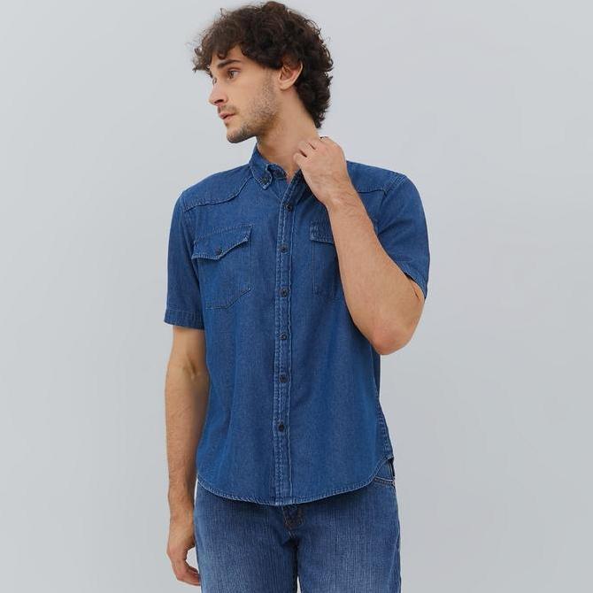 HILLBOSS Kemeja Jeans Lengan Pendek Pria Biru Tua Jose - Casual Denim Shirt OLD Navy Blue  - DS008 m