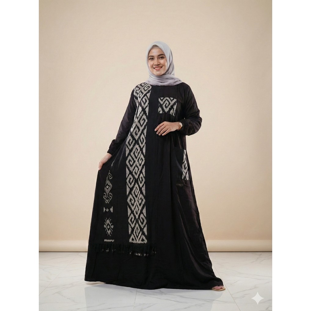 Gamis Twill Premium Mix Tenun Troso Etnik model Saku - Bahiyya Dress Jumbo Busui Friendly
