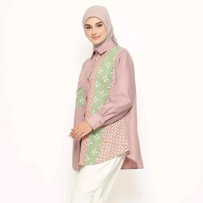 Murah Saiara Hanani Dusty Pink Kemeja Batik Kombinasi Katun Toyobo