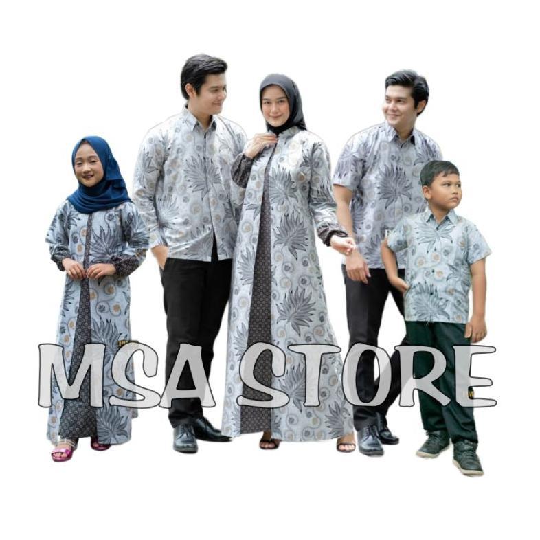 Batik Couple Keluarga Modern Set Sarimbit Gamis Keluarga Kemeja dan Hem motif pari abu Terbaru