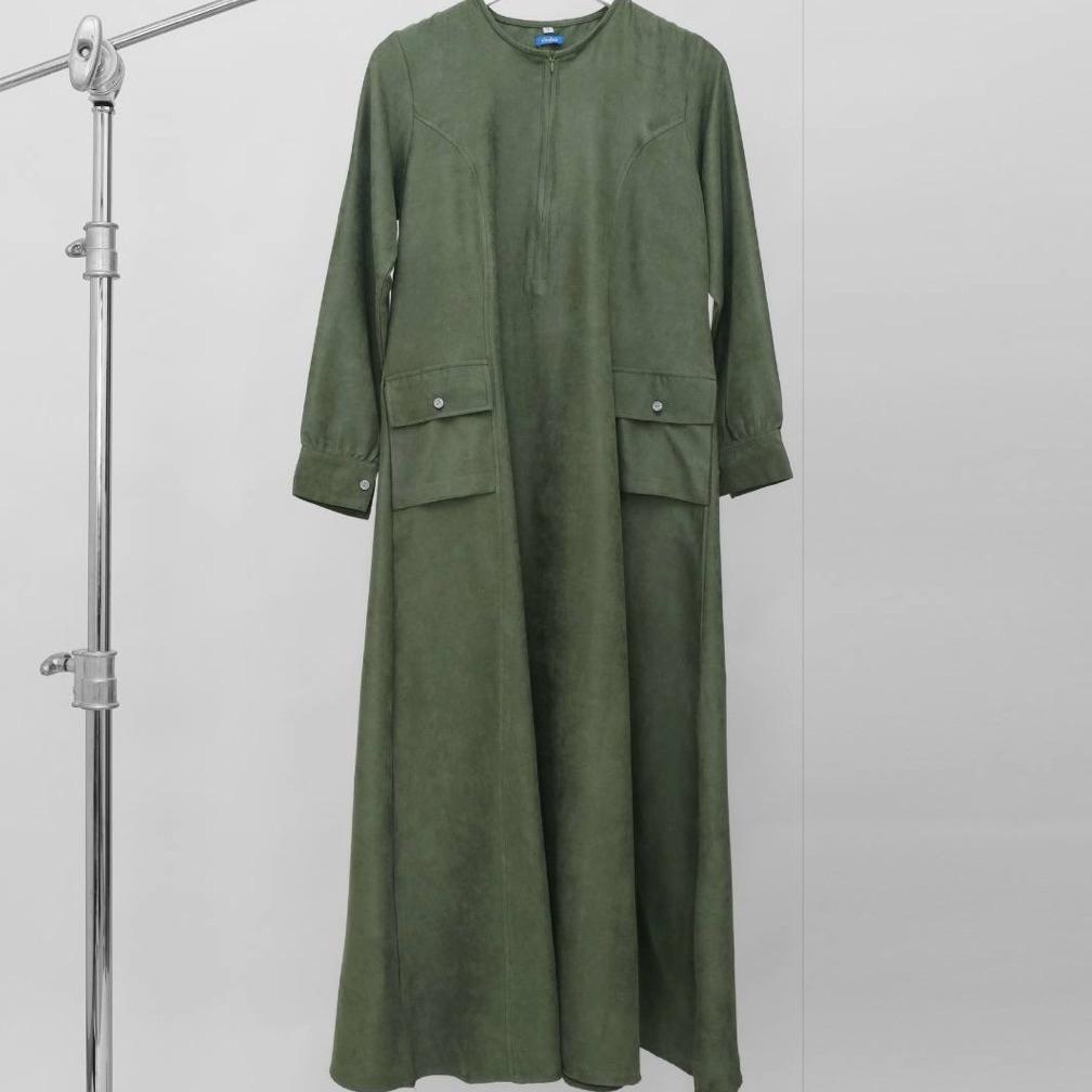 Elmina Halimah Dress Gamis 2025 Polos Pastel Raya Collection Simple Minimalis Sage Green Hijau Space
