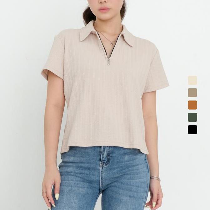 SANVANINA Women - Cali Zip Knit Polo Shirt | Atasan Lengan Pendek Rajut Berkerah Knit Wanita | Polos