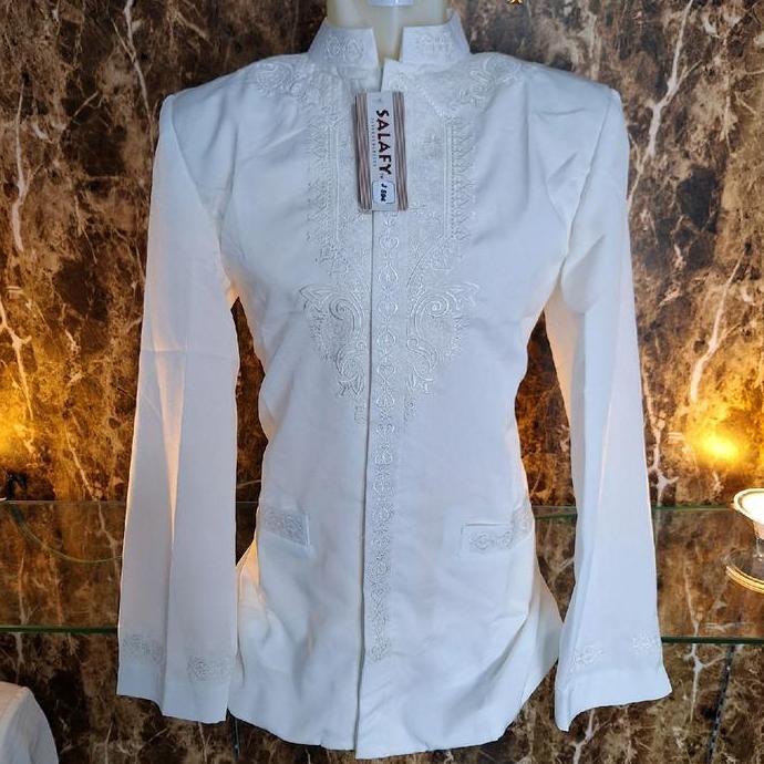 Jas Koko Mewah Salafy Putih Bahan Sanwos Premium Dewasa Panjang Kantong Depan