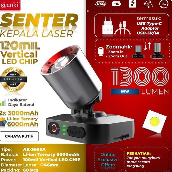 Lighzx- Senter Kepala Led Laser Aoki Ak-3695A 80Watt 1300 Lumen 6000Mah - Zoom Out Jarak Jauh - Taha