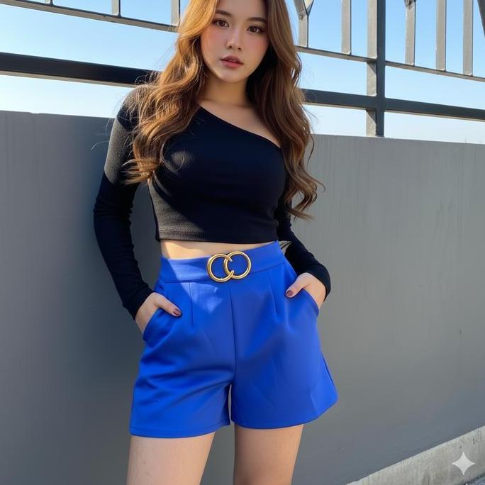 Griloff- Celana Pendek Wanita Belt 6813 & 6870 Bahan Scuba Premium Karet Belakang Pinggang Hitam Sto