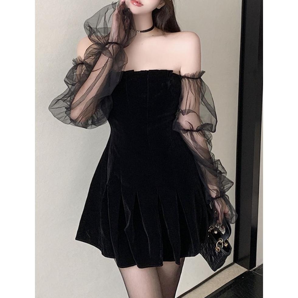 hot sale emita bloom baju mini dress hitam tanpa lengan lucu wanita party dress korea style terbaru 