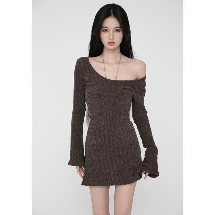 Grosir Yiu Yiu Korea - Sexy Rajut Mini Dress Bodycon Square Neck Long Dress Wanita Knit Dress Long S
