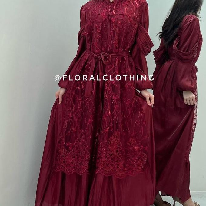 Grosir F519 Dress Gamis Kondangan Korean Style / Gamis Pesta / Gamis Syari Bunga Bunga Bunga Bunga