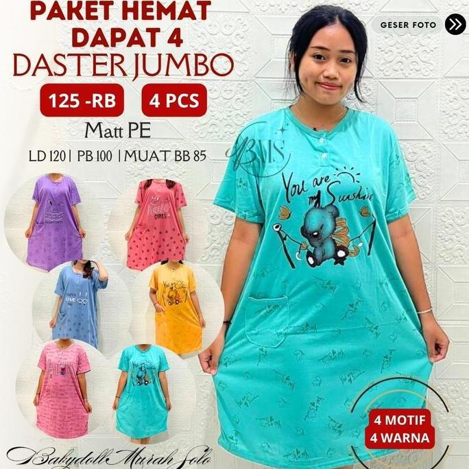 Discount Paket Hemat 4 Pcs Daster Jumbo Motif Dress Baju Tidur Wanita Nyaman Ld 120Cm, Muat Bb 85Kg,