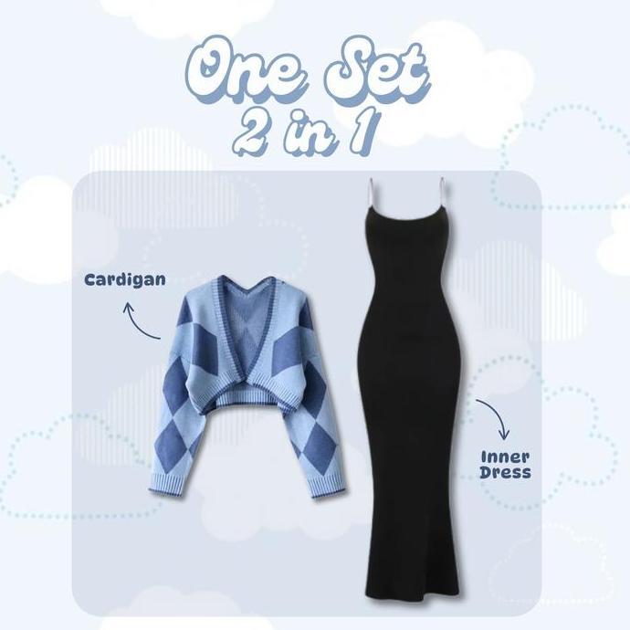 Murah Korean Style One Set 3 In 1 | Cardigan Rajut Biru + Inner Dress Slim-Fit + Bella Square Denim 