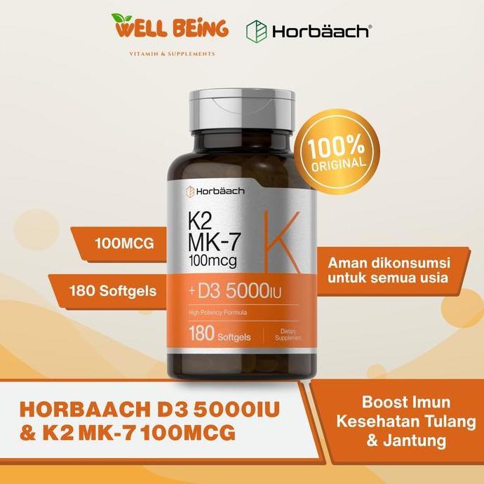 Horbaach D3 + K2 5000IU K2 MK7 100mcg | 180 Softgel | Vitamin Imun dan Tulang