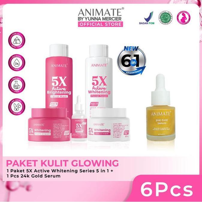 Shiner- Paket Kulit Glowing (Animate 5X Active Whitening Series 5In1 + 24K Gold Serum)